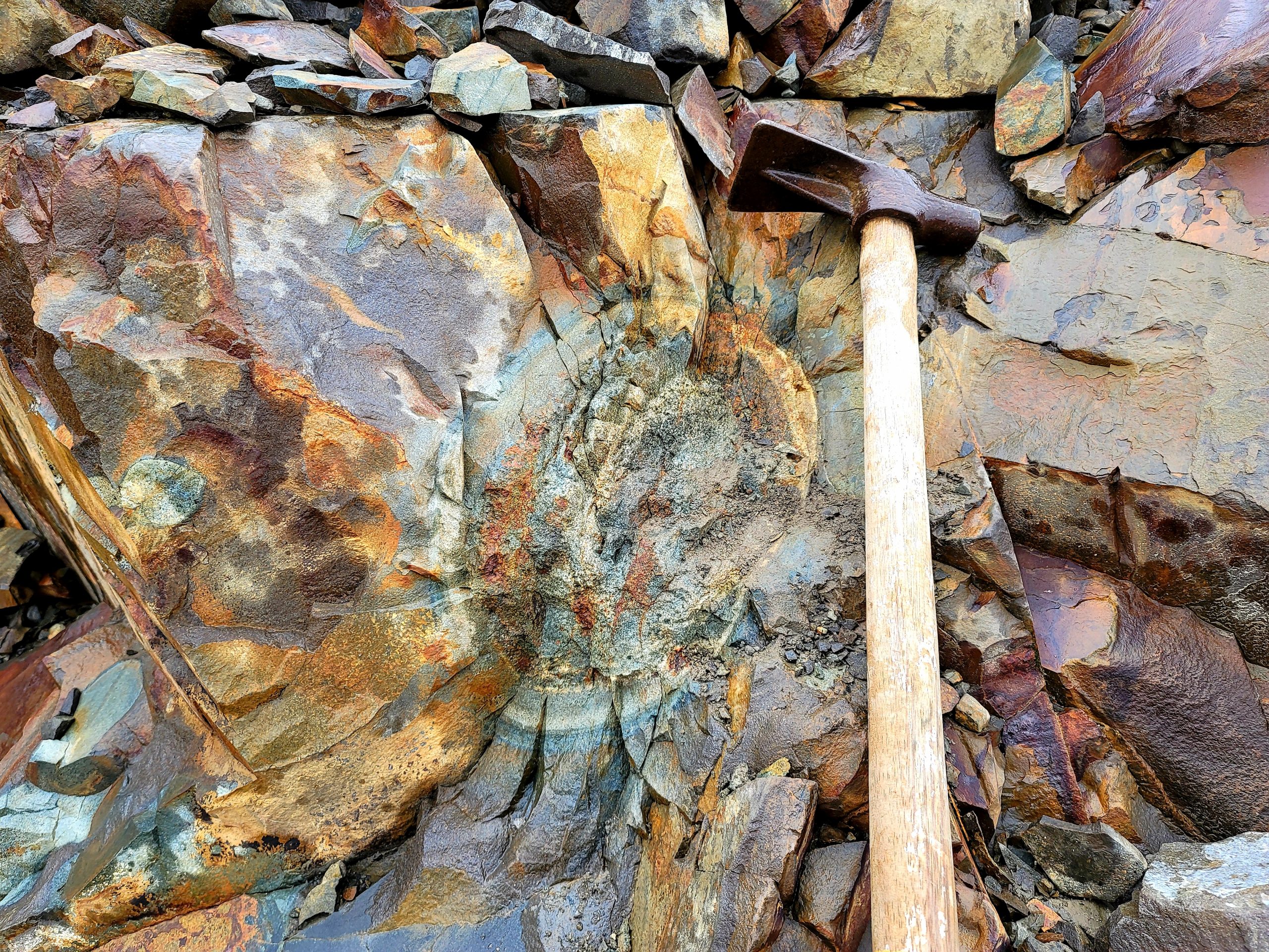 Photo of an explorers hammer on mineralized rock