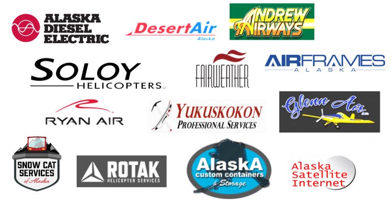 Image of some of the local companies we procure from including SnowCat Services of Alaska (Overland freight/mobilization to site) ROTAK Helicopter Services (Air freight/mobilization to site) Alaska Custom Containers (Manufactured the camp connex’s) Alaska Airframes (Manufactured the camp tents) Alaska Electric & Maintenance (Camp installation/construction services) Alaska Diesel Electric (Camp power systems) Alaska Satellite Internet, Arcticom, Northern Associates Inc. (Communication systems) Andrew Airways, Glenn Air, Desert Air, Ryan Air, SnowCat Services of Alaska (Camp Logistics Support) Fairweather LLC (EMS/Medic Support) Soloy Helicopters (Operations air support)