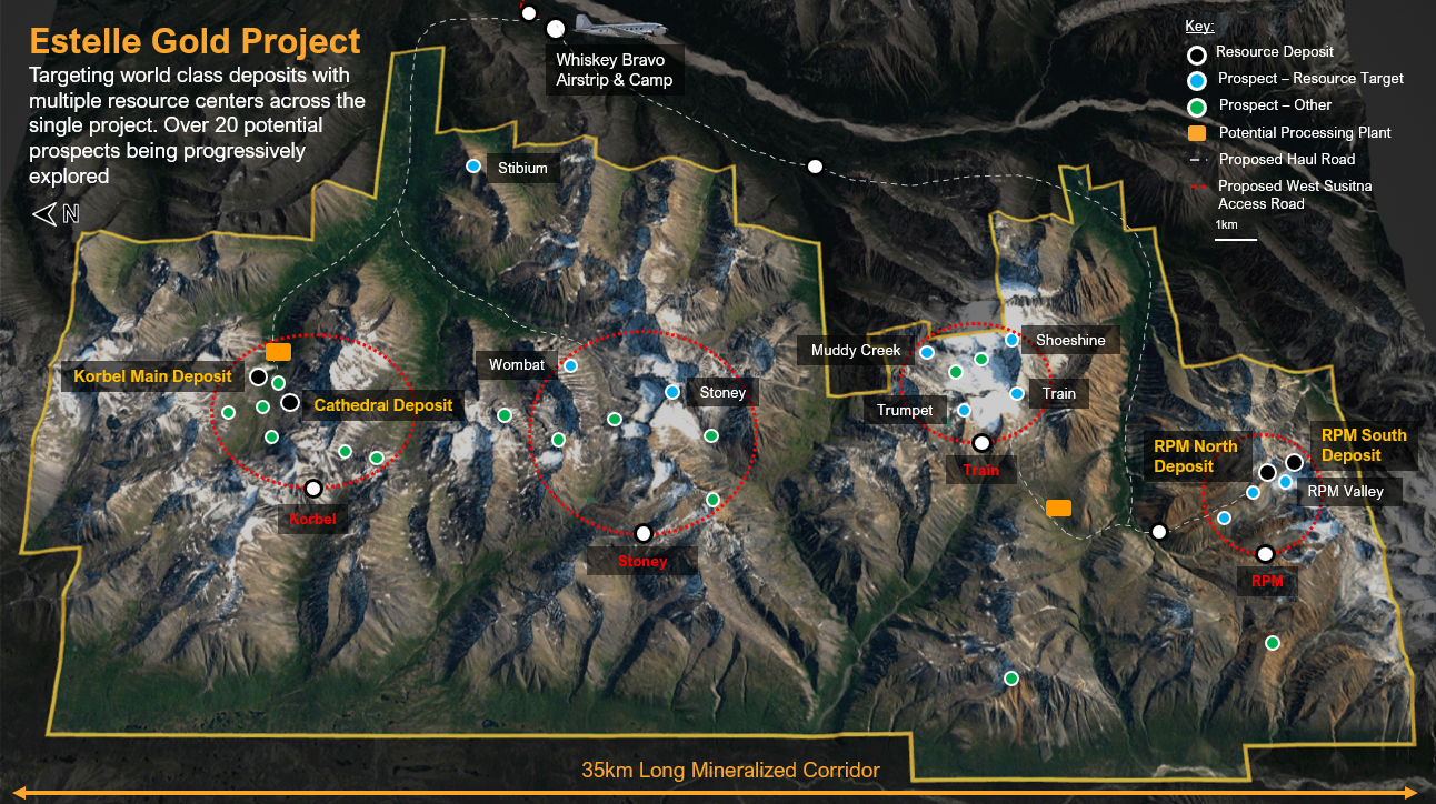 Image of the 513 square km Estelle Gold Project with hotspots for all the prospects