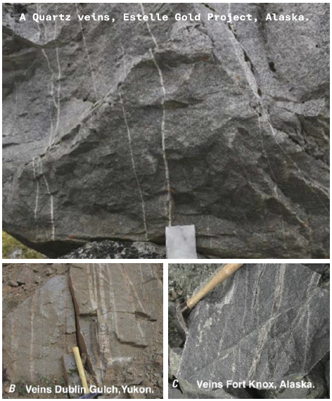Photo comparing the quartz veins to similar quartz gold bearing veins at the Victoria Gold Dublin Gulch project in the Yukon and quartz gold bearing veins at the Fort Knox gold project in Alaska