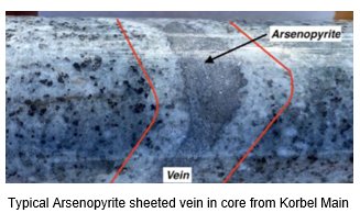 Photo showing a typical arsenopyrite vein in core from Korbel Main