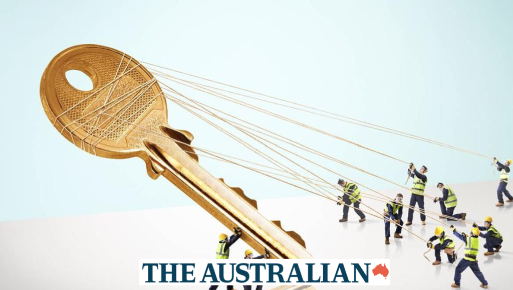 Image of small people pulling up a big key with string lines