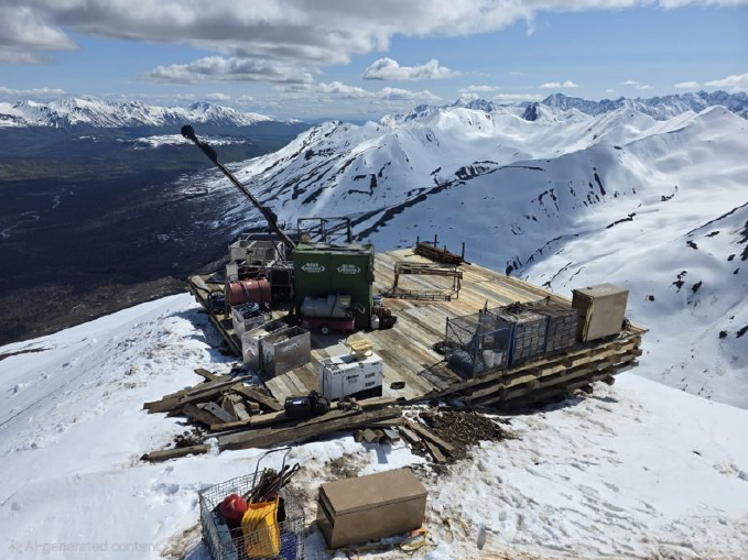 Drill rig on the snow at the Stibium prospect
