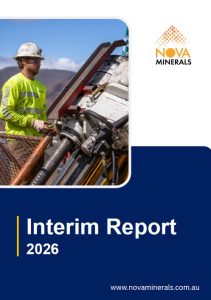 Image of NOva 2026 interim report. Blue white back ground with a driller next to a drill rig